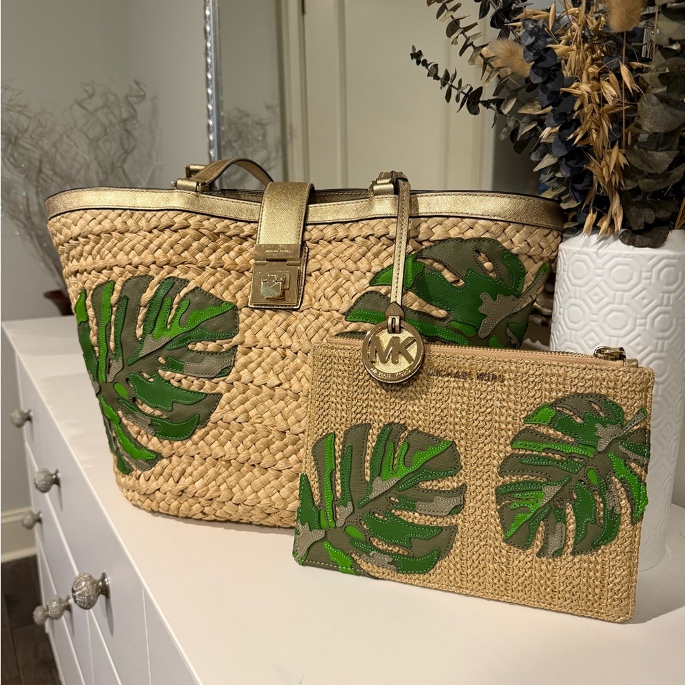 Michael Kors Gold and Green Woven Tote